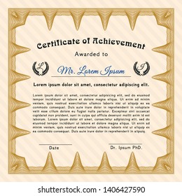 Orange Diploma or certificate template. With background. Detailed. Money design. 