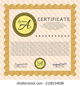 Orange Diploma or certificate template. With complex linear background. Superior design. Vector illustration. 