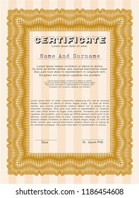 Orange Diploma or certificate template. Complex background. Vector illustration. Cordial design. 