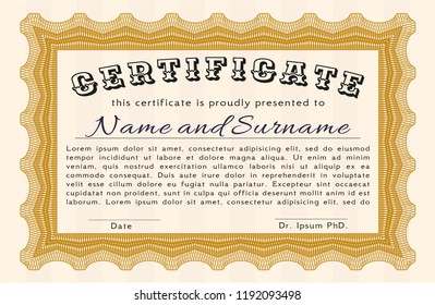 Orange Diploma or certificate template. With complex linear background. Customizable, Easy to edit and change colors. Money Pattern design. 