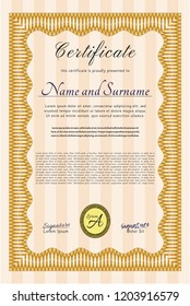 Orange Diploma or certificate template. With complex linear background. Detailed. Cordial design. 
