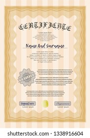 Orange Diploma or certificate template. With complex background. Money Pattern design. Customizable, Easy to edit and change colors. 