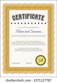 Orange Diploma or certificate template. With complex linear background. Good design. Detailed. 