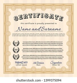 Orange Diploma or certificate template. With complex background. Lovely design. Detailed. 