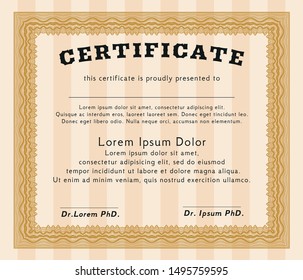 Orange Diploma or certificate template. With complex linear background. Vector illustration. Good design. 
