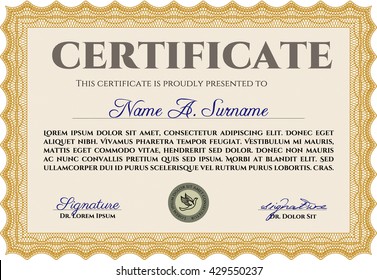 Diploma anaranjado o plantilla de certificado. Fondo complejo. Patrón vectorial que se utiliza en moneda y diplomas.Diseño superior. 