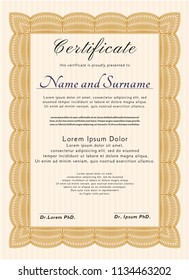 Orange Diploma or certificate template. Detailed. With complex linear background. Modern design. 