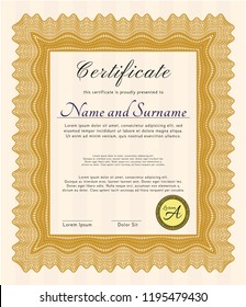 Orange Diploma or certificate template. Detailed. Easy to print. Money Pattern. 