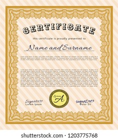 Orange Diploma or certificate template. Detailed. With quality background. Elegant design. 