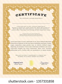 Orange Diploma or certificate template. Detailed. With great quality guilloche pattern. Cordial design. 