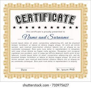 Orange Diploma or certificate template. Detailed. With linear background. Money design. 
