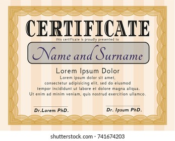 Orange Diploma or certificate template. Detailed. With complex background. Sophisticated design. 