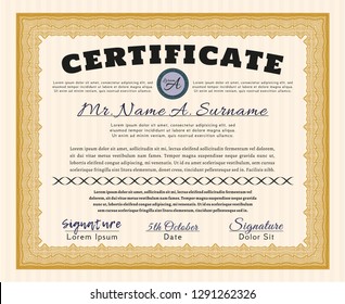 Orange Diploma or certificate template. Easy to print. Money style design. Detailed. 