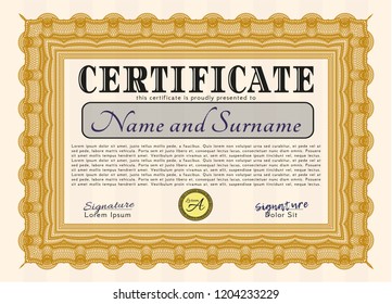 Orange Diploma or certificate template. Elegant design. With background. Vector illustration. 