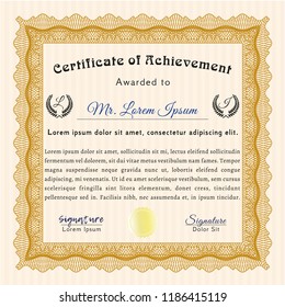 Orange Diploma or certificate template. With great quality guilloche pattern. Detailed. Sophisticated design. 