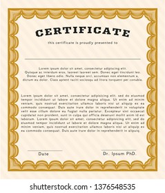 Orange Diploma or certificate template. With guilloche pattern. Vector illustration. Nice design. 