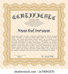 Orange Diploma or certificate template. With guilloche pattern. Money style design. Vector illustration. 