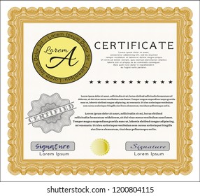 Orange Diploma or certificate template. With linear background. Vector illustration. Sophisticated design. 