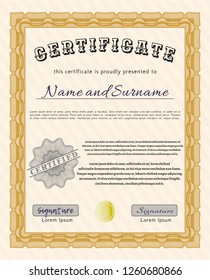 Orange Diploma or certificate template. With linear background. Vector illustration. Good design. 