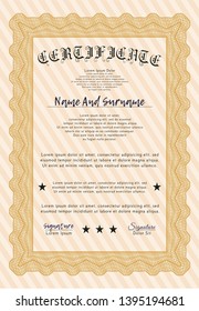Orange Diploma or certificate template. Lovely design. With guilloche pattern and background. Detailed. 