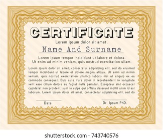 Orange Diploma or certificate template. Modern design. Vector illustration. With great quality guilloche pattern. 
