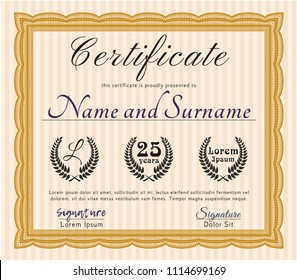Orange Diploma or certificate template. Money Pattern design. With guilloche pattern. Customizable, Easy to edit and change colors. 