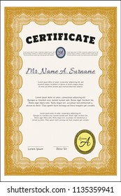 Orange Diploma or certificate template. Money Pattern. Detailed. With complex linear background. 