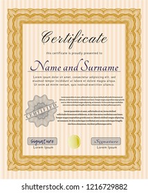 Orange Diploma or certificate template. Money Pattern design. Detailed. With guilloche pattern. 