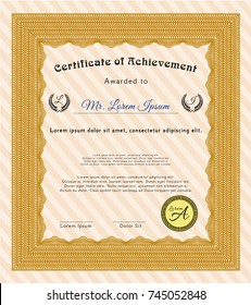Orange Diploma or certificate template. Nice design. Vector illustration. With linear background. 