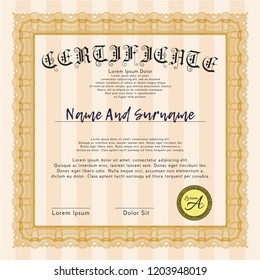 Orange Diploma or certificate template. With quality background. Vector illustration. Money Pattern design. 