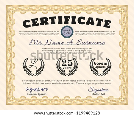 Orange Diploma or certificate template. Retro design. Vector illustration. With complex linear background. 