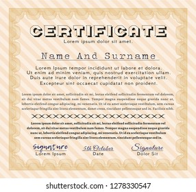 Orange Diploma or certificate template. Superior design. Vector illustration. With guilloche pattern and background. 