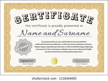 Orange Diploma or certificate template. Vector illustration. With guilloche pattern and background. Artistry design. 