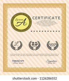 Orange Diploma or certificate template. Vector illustration. With background. Lovely design. 