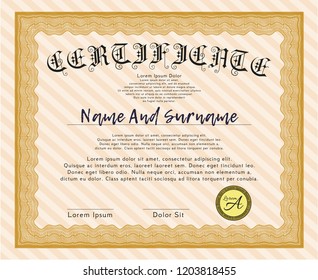 Orange Diploma or certificate template. Vector illustration. With linear background. Superior design. 