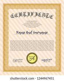Orange Diploma or certificate template. Vector illustration. With complex background. Excellent design. 