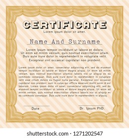 Orange Diploma or certificate template. Vector illustration. With complex linear background. Money Pattern design. 