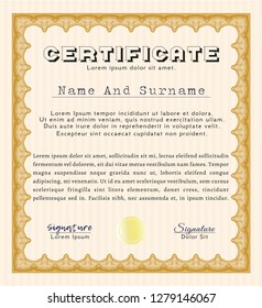 Orange Diploma or certificate template. Vector illustration. Complex background. Sophisticated design. 
