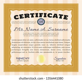 Orange Diploma. Complex background. Money Pattern. Vector illustration. 