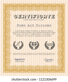 Orange Diploma. Cordial design. Vector illustration. With great quality guilloche pattern. 