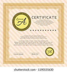 Orange Diploma. Easy to print. Detailed. Money Pattern. 