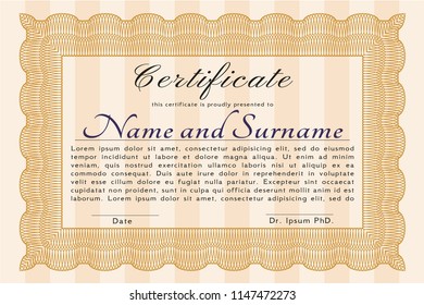 Orange Diploma. With guilloche pattern. Money style design. Detailed. 