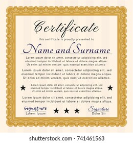 Orange Diploma. Money style design. With guilloche pattern and background. Vector illustration. 