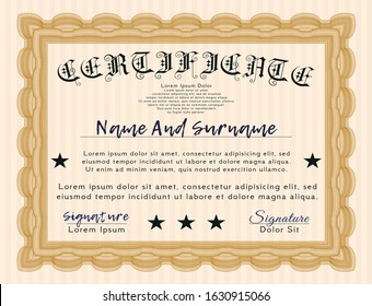 Orange Diploma. Nice design. With guilloche pattern. Vector illustration. 