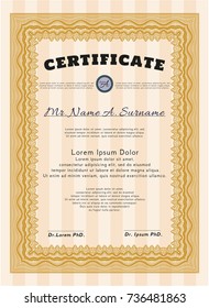 Orange Diploma. Retro design. With linear background. Detailed. 