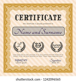 Orange Diploma. Retro design. Vector illustration. With guilloche pattern and background. 