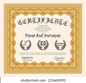 Orange Diploma template. With background. Vector illustration. Money design. 
