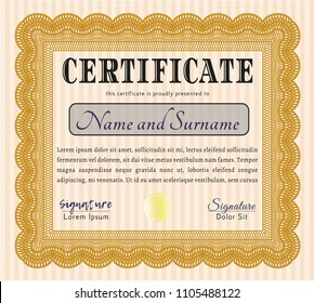 Orange Diploma template or certificate template. With complex linear background. Detailed. Lovely design. 