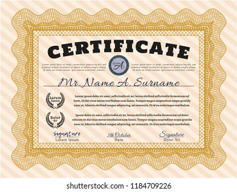 Orange Diploma template or certificate template. With complex linear background. Sophisticated design. Detailed. 
