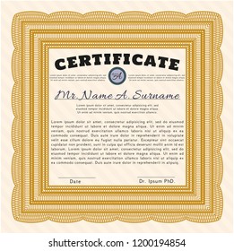 Orange Diploma template or certificate template. With complex linear background. Detailed. Elegant design. 